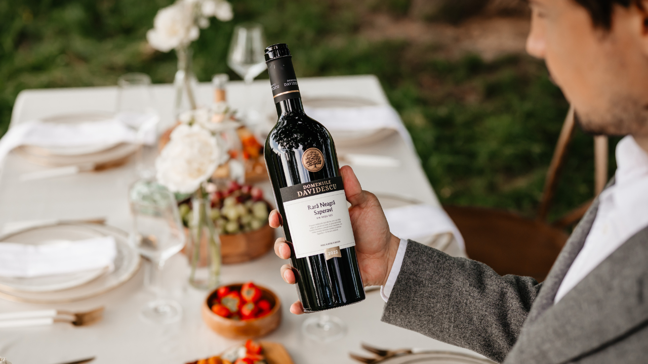 Invitat cu o sticla de Rara Neagra in mana, in fata unei mese afara